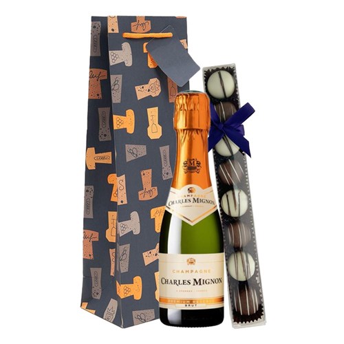 Mini Charles Mignon Brut Champagne 20cl & Fine Artisanal Truffles Gift Bag